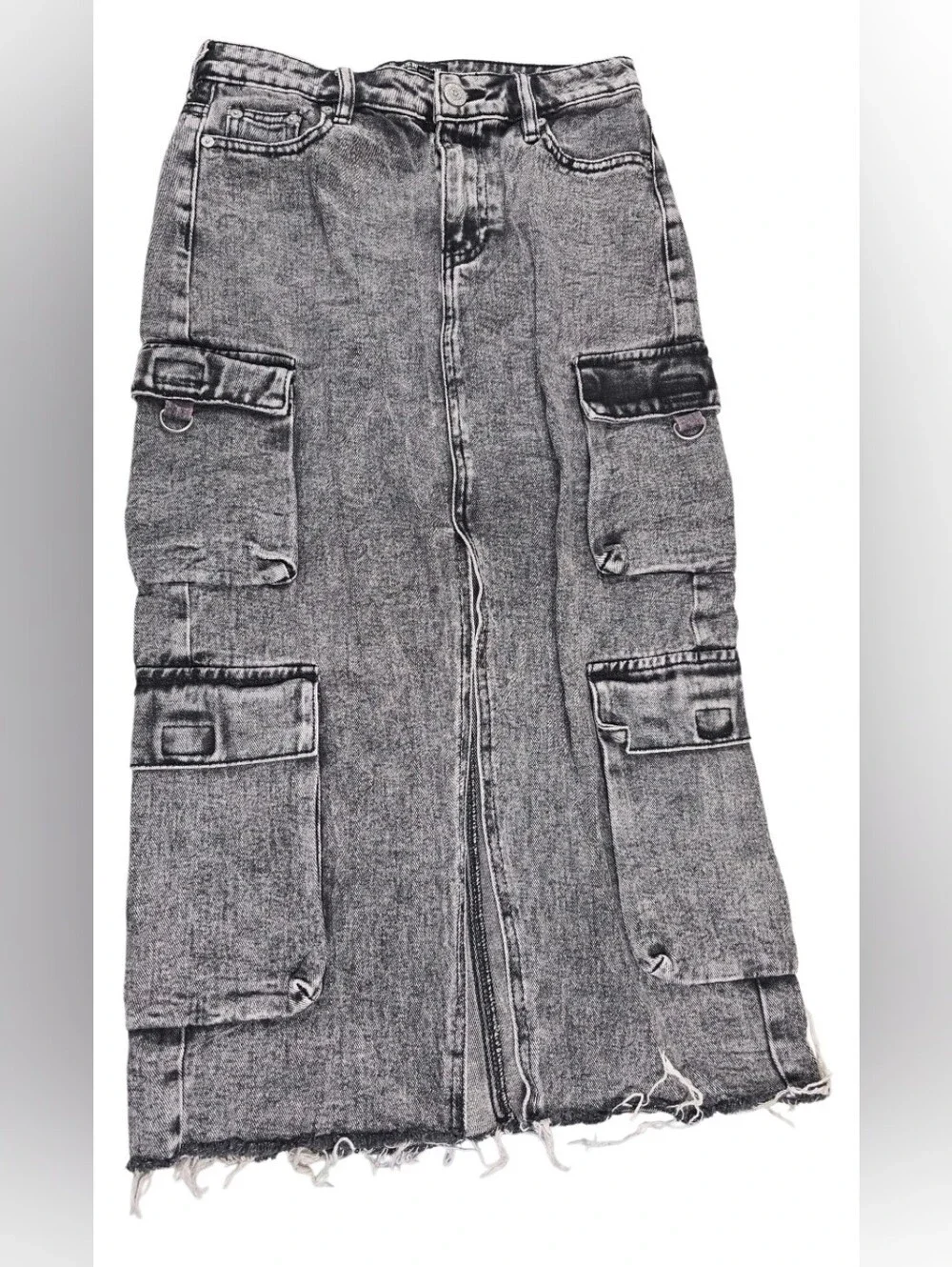 True Religion Vintage Charcoal Wash Cargo Denim Midi Slit Skirt Size 24